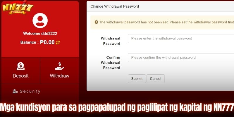Mga kondisyon para sa pagpapatupad ng paglilipat ng kapital ng NN777